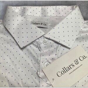 Collars & Co Polo Shirt Mens L White Blue Polka Dot Dress Collar Golf Preppy NWT